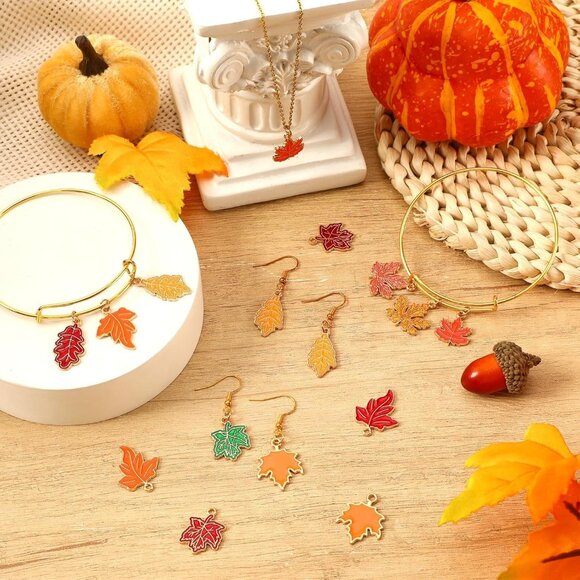 90 Pcs Fall Charms for Jewelry Making, Thanksgiving Fall Leaf Enamel Charm Autum - Picture 3 of 7